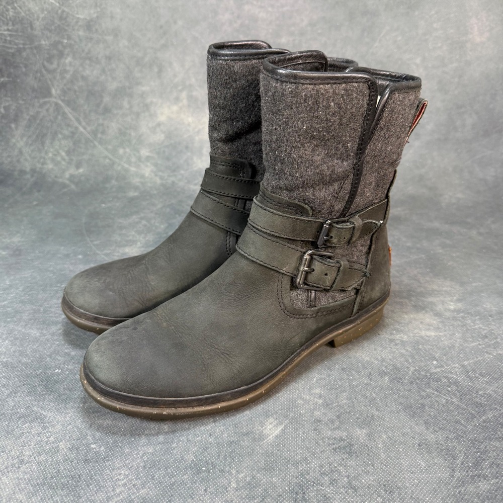 UGG Waterproof Leather & Wool Moto Boots Buckle Strap Gray Womens